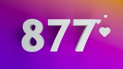 Number 877 in white on purple and orange gradient background, social media isolated number 3d render