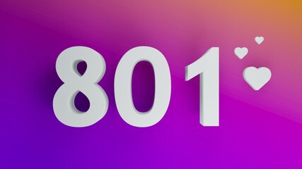 Number 801 in white on purple and orange gradient background, social media isolated number 3d render