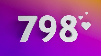 Number 798 in white on purple and orange gradient background, social media isolated number 3d render