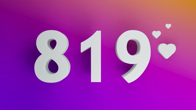 Number 819 in white on purple and orange gradient background, social media isolated number 3d render