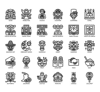 Set of day of the dead thin line and pixel perfect icons for any web and app project.