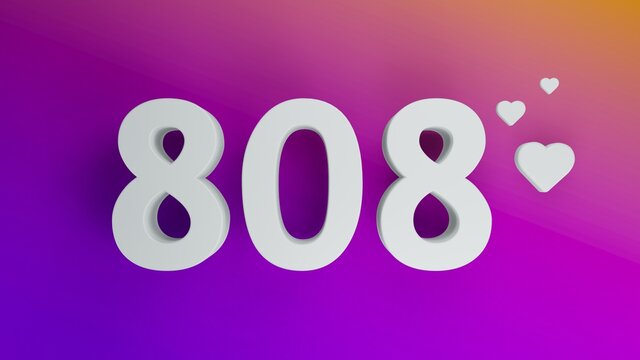 Number 808 in white on purple and orange gradient background, social media isolated number 3d render
