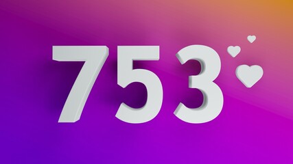Number 753 in white on purple and orange gradient background, social media isolated number 3d render