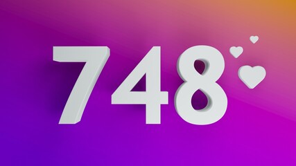 Number 748 in white on purple and orange gradient background, social media isolated number 3d render