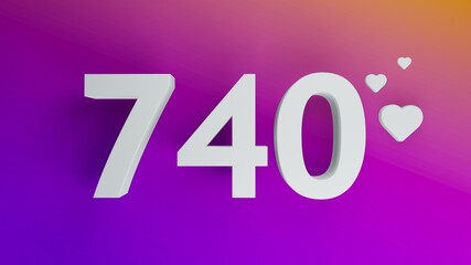 Number 740 in white on purple and orange gradient background, social media isolated number 3d render