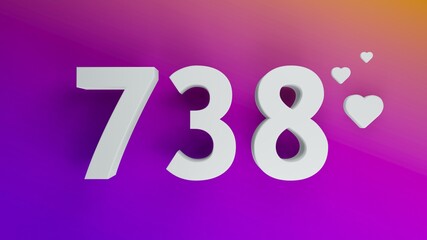 Number 738 in white on purple and orange gradient background, social media isolated number 3d render