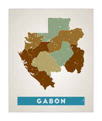 Gabon map. Country poster with regions. Old grunge texture. Shape of Gabon with country name. Radiant vector illustration.