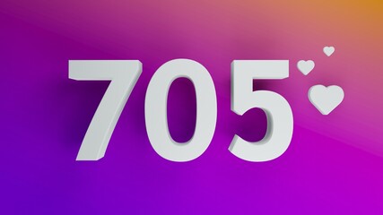 Number 705 in white on purple and orange gradient background, social media isolated number 3d render