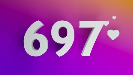 Number 697 in white on purple and orange gradient background, social media isolated number 3d render