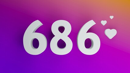 Number 686 in white on purple and orange gradient background, social media isolated number 3d render