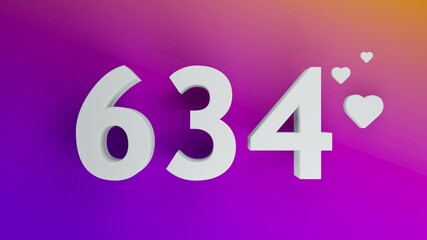 Number 634 in white on purple and orange gradient background, social media isolated number 3d render