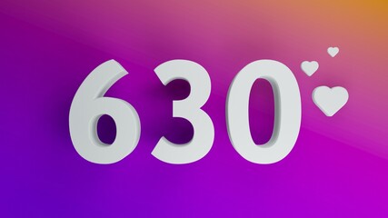 Number 630 in white on purple and orange gradient background, social media isolated number 3d render