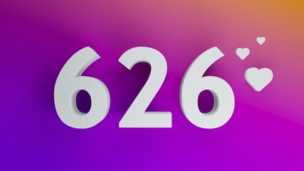 Number 626 in white on purple and orange gradient background, social media isolated number 3d render