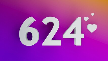 Number 624 in white on purple and orange gradient background, social media isolated number 3d render