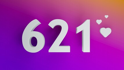 Number 621 in white on purple and orange gradient background, social media isolated number 3d render