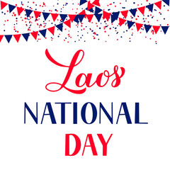 Laos National Day calligraphy hand lettering. Holiday celebrate on December 2. Easy to edit vector template for typography poster banner, flyer, sticker, shirt, greeting card, postcard, etc