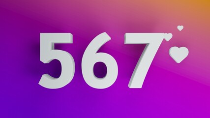 Number 567 in white on purple and orange gradient background, social media isolated number 3d render