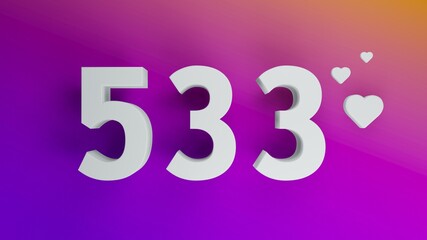Number 533 in white on purple and orange gradient background, social media isolated number 3d render