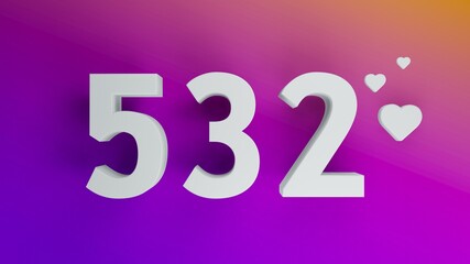 Number 532 in white on purple and orange gradient background, social media isolated number 3d render