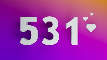 Number 531 in white on purple and orange gradient background, social media isolated number 3d render