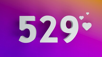 Number 529 in white on purple and orange gradient background, social media isolated number 3d render