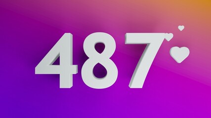 Number 487 in white on purple and orange gradient background, social media isolated number 3d render