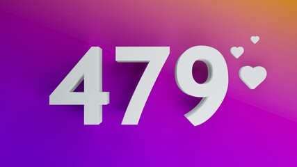 Number 479 in white on purple and orange gradient background, social media isolated number 3d render