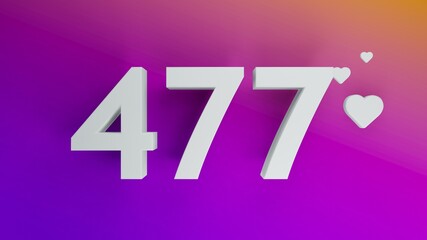 Number 477 in white on purple and orange gradient background, social media isolated number 3d render