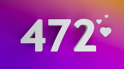 Number 472 in white on purple and orange gradient background, social media isolated number 3d render