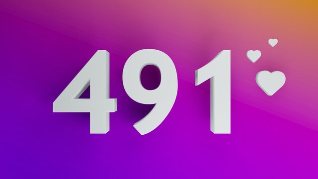 Number 491 in white on purple and orange gradient background, social media isolated number 3d render
