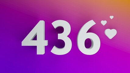Number 436 in white on purple and orange gradient background, social media isolated number 3d render