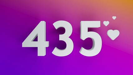 Number 435 in white on purple and orange gradient background, social media isolated number 3d render