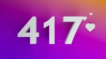 Number 417 in white on purple and orange gradient background, social media isolated number 3d render