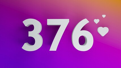 Number 376 in white on purple and orange gradient background, social media isolated number 3d render
