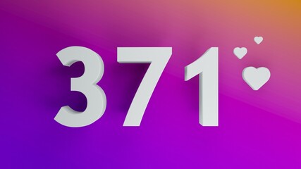 Number 371 in white on purple and orange gradient background, social media isolated number 3d render
