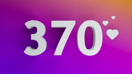 Number 370 in white on purple and orange gradient background, social media isolated number 3d render