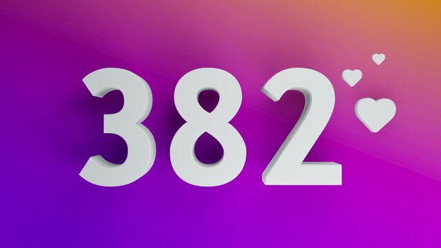 Number 382 in white on purple and orange gradient background, social media isolated number 3d render