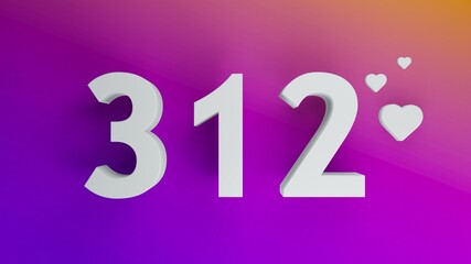 Number 312 in white on purple and orange gradient background, social media isolated number 3d render