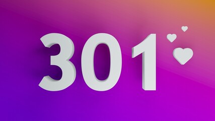 Number 301 in white on purple and orange gradient background, social media isolated number 3d render