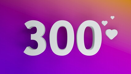 Number 300 in white on purple and orange gradient background, social media isolated number 3d render - obrazy, fototapety, plakaty