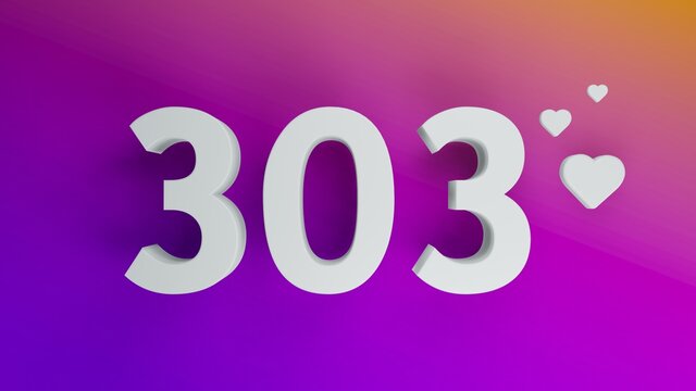 Number 303 in white on purple and orange gradient background, social media isolated number 3d render