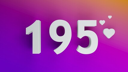 Number 195 in white on purple and orange gradient background, social media isolated number 3d render