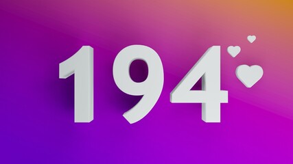Number 194 in white on purple and orange gradient background, social media isolated number 3d render