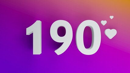 Number 190 in white on purple and orange gradient background, social media isolated number 3d render