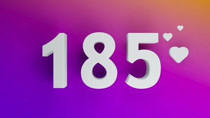 Number 185 in white on purple and orange gradient background, social media isolated number 3d render