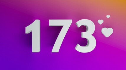 Number 173 in white on purple and orange gradient background, social media isolated number 3d render