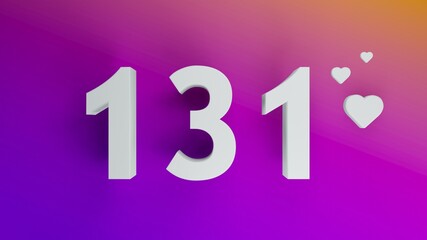 Number 131 in white on purple and orange gradient background, social media isolated number 3d render