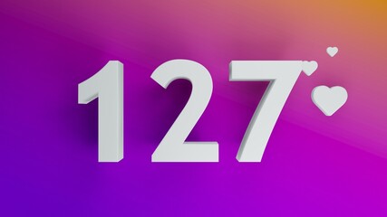 Number 127 in white on purple and orange gradient background, social media isolated number 3d render