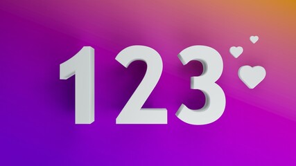 Number 123 in white on purple and orange gradient background, social media isolated number 3d render