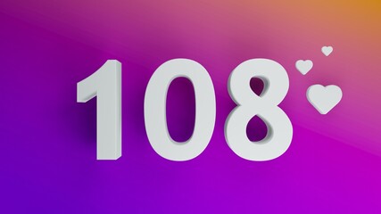 Number 108 in white on purple and orange gradient background, social media isolated number 3d render - obrazy, fototapety, plakaty
